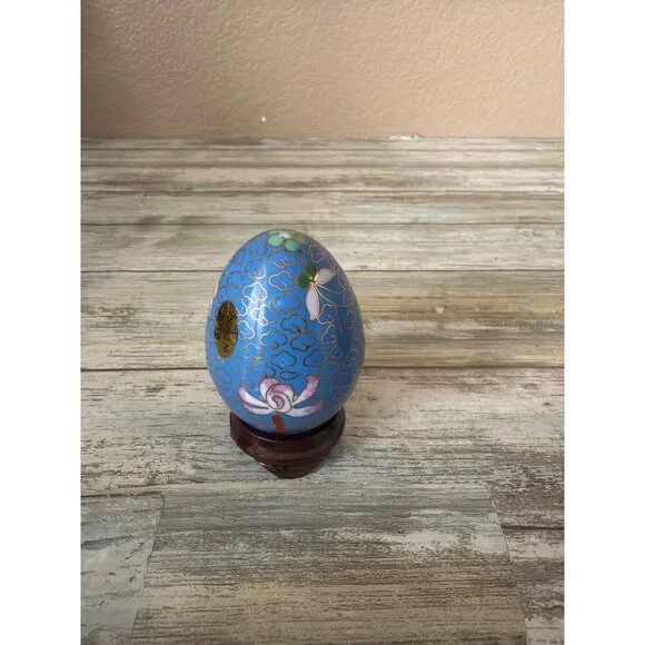Set of 3 Asian Cloisonné Enamel Floral Eggs w/Wooden Stands Vintage Pre-owned - Picture 3 of 12